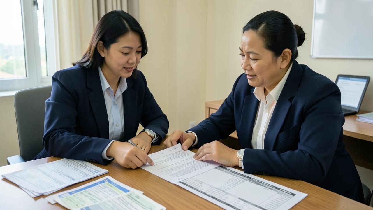 เจ้าของกิจการและเจ้าหน้าที่บุคคลอ่านสัญญาจ้างและตารางคำนวณเงินเดือนร่วมกัน
