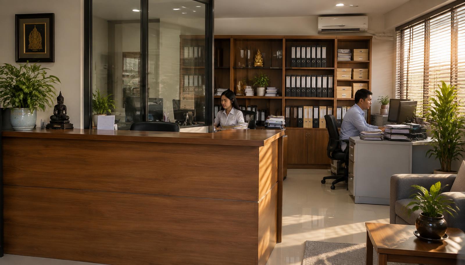 เคาน์เตอร์ต้อนรับและชั้นเก็บแฟ้มงานภายในสำนักงานซอยลาดพร้าว 95 เขตวังทองหลาง กรุงเทพฯ