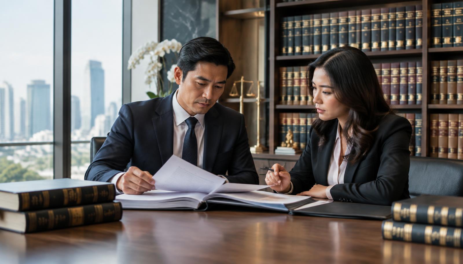 ทนายความสองท่านกำลังตรวจสำนวนคดีและเอกสารกฎหมายในห้องประชุมสำนักงานกฎหมาย