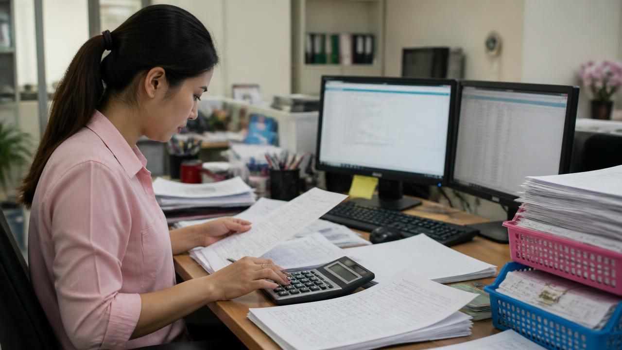 นักบัญชีจัดเรียงใบเสร็จและกระดาษทำการเพื่อปิดบัญชีประจำเดือน