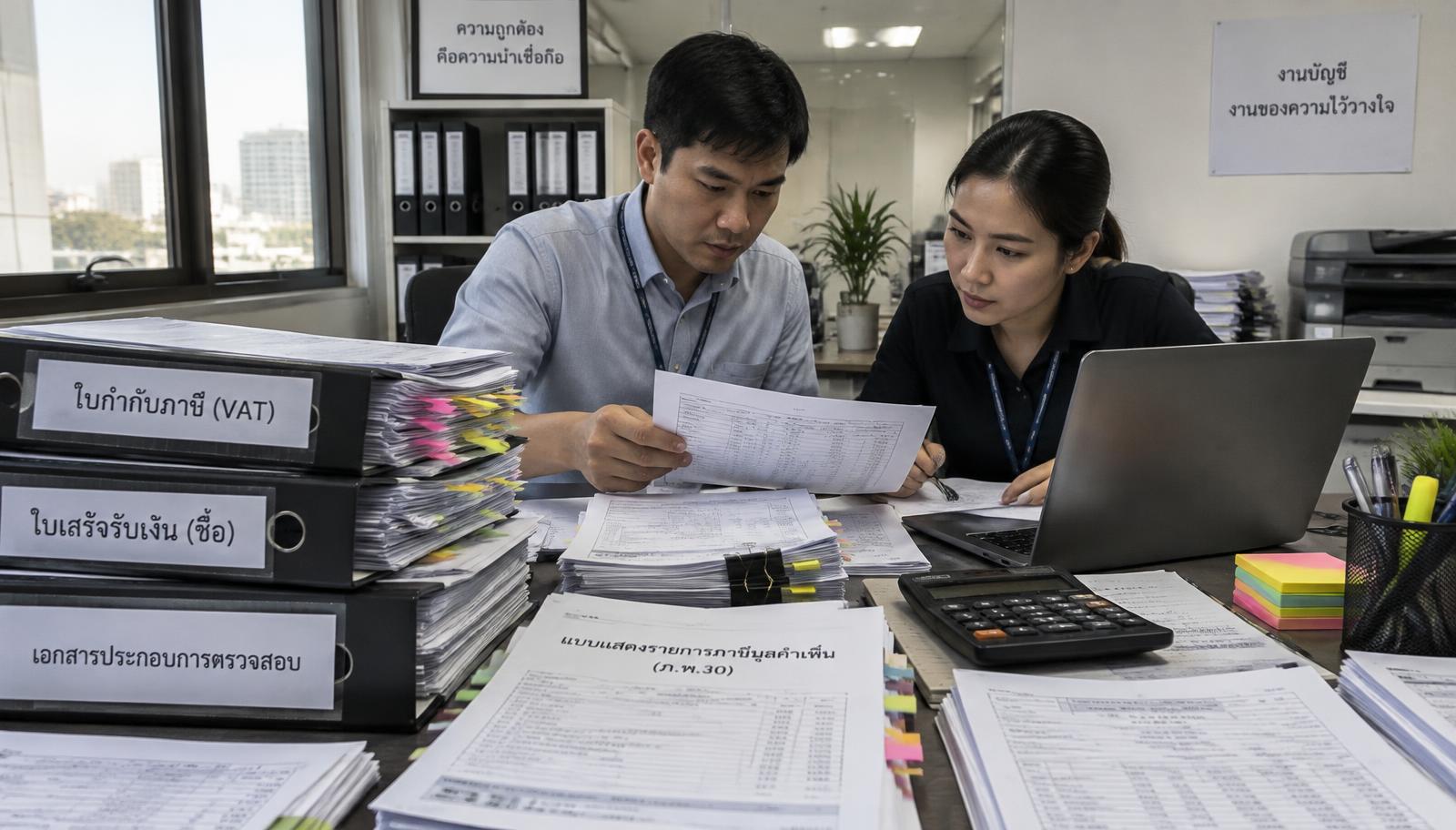 โต๊ะประชุมที่มีรายงานภาษีซื้อภาษีขาย ใบกำกับภาษี และกระดาษทำการกระทบยอด