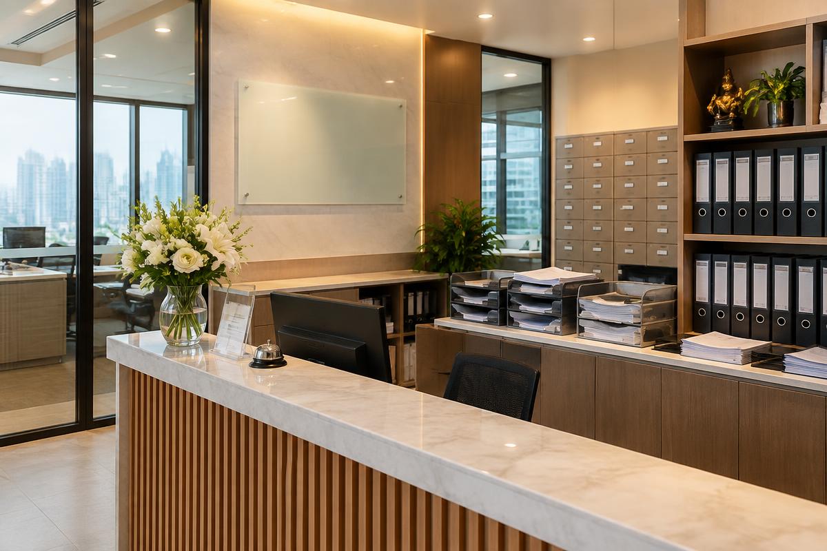 เคาน์เตอร์สำนักงาน Virtual Office พร้อมตู้จดหมาย เอกสารราชการ และแฟ้มบัญชีสำหรับบริษัทในกรุงเทพ